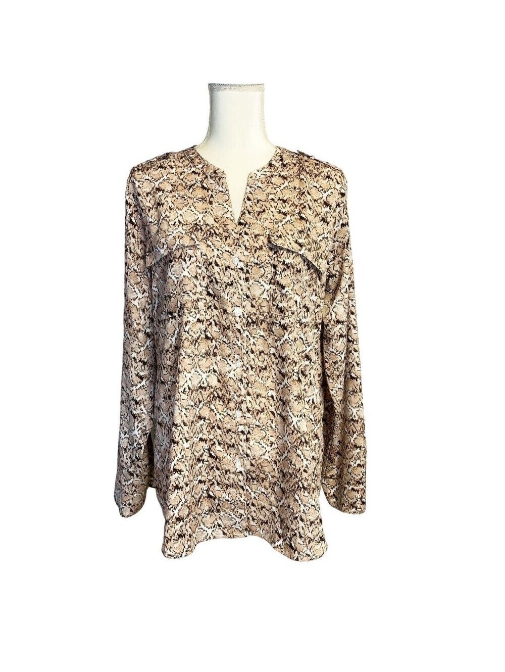 Calvin Klein Womens Large Snakeskin Print Long Sleeve Button V-Neck Blouse Tan